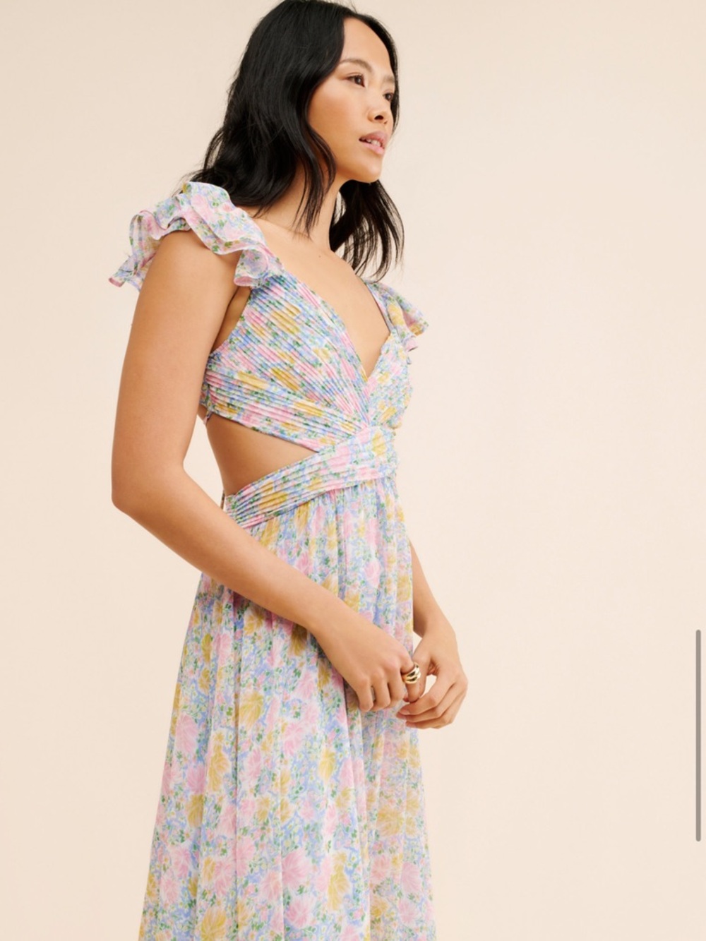 Astr - Prim Rose Cut Out Pastel Floral Cutout Midi Dress in Pink, Yellow & Blue